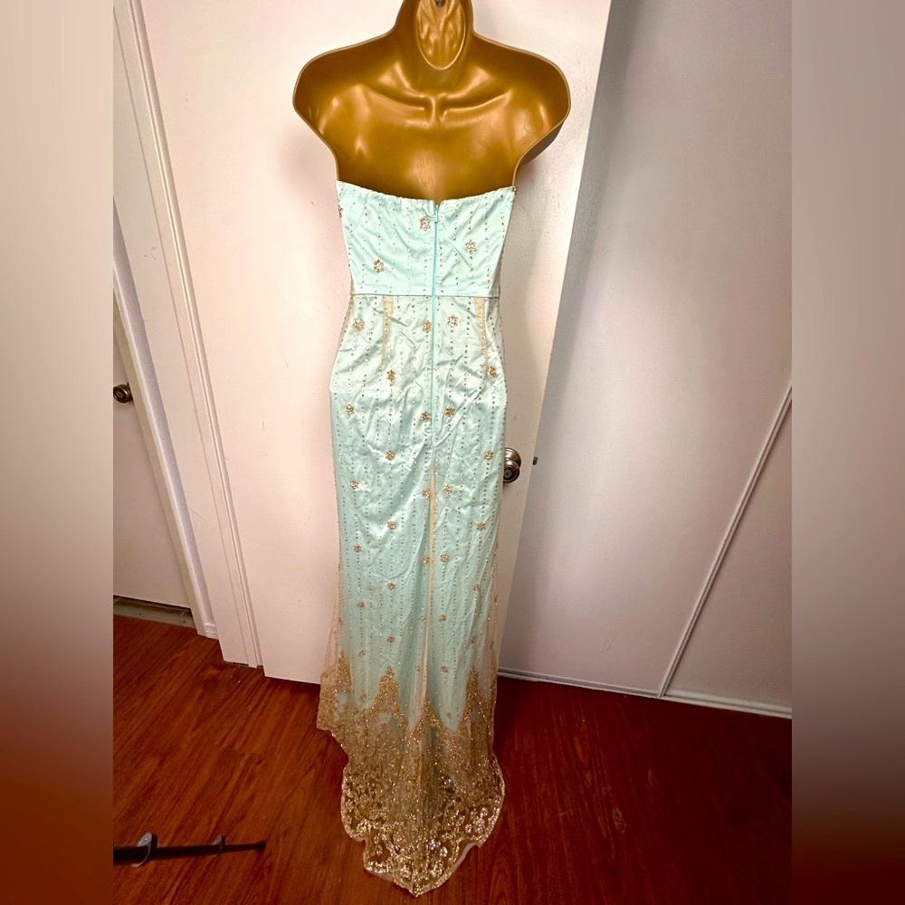 Minuet Mint Strapless Heavily Gold Glitter Embellished Bottom Formal Dress NWT S - Picture 5 of 16
